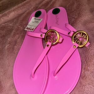 Lilly Pulitzer Hot Pink Jelly Thong Sandals with Gold Medallion